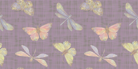 butterflies and dragonflies seamless pattern drawn in watercolors in digital processing, for the design of wallpaper, wrapping paper, textiles, delicate repeating pattern of flying insects