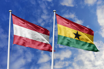 3d illustration. Austria and Ghana Flag waving in sky. High detailed waving flag. 3D render. Waving in sky. Flags fluttered in the cloudy sky.