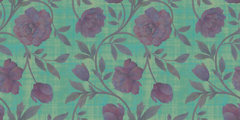 Seamless pattern with watercolor flowers, abstract ornament design. Illustration of drawn branches with flowers and leaves for design, seamless background