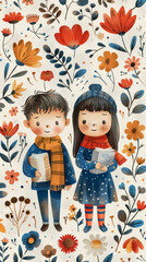 Boy and girl with books on a floral background.