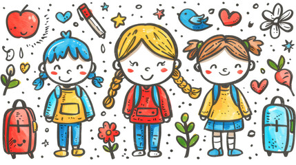 School concept, children and flowers drawn on a white background.