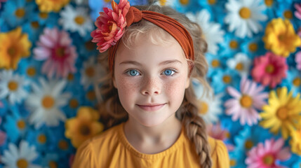 Portrait of a little girl with blue eyes on a floral background.