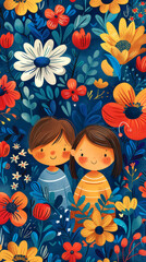 Cute Illustration with children on a floral background.