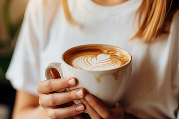 Art in a Cup: Woman Cradling a Mug with Perfect Latte Art