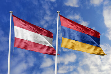3d illustration. Austria and Armenia Flag waving in sky. High detailed waving flag. 3D render. Waving in sky. Flags fluttered in the cloudy sky.