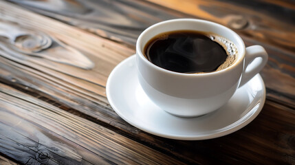 Classic Comfort: Dark Coffee in a White Cup on Rustic Wooden Table