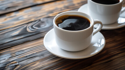 Classic Comfort: Dark Coffee in a White Cup on Rustic Wooden Table