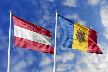 3d illustration. Austria and Moldova Flag waving in sky. High detailed waving flag. 3D render. Waving in sky. Flags fluttered in the cloudy sky.