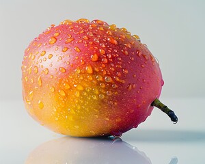 Close-up of a mango with droplets of water, emphasizing its freshness and vibrant texture, set on a reflective white surface for a modern look - Powered by Adobe