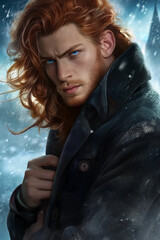 Portrait of a handsome fantasy man, handsome male face, winter, male prince, male dragon, fantasy style, man for book cover, digital art