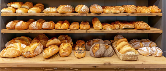 Various types of bread on supermarket shelves such as baguettes, bagels, buns and other types of white bread displayed on grocery store bakery shelves created with Generative AI Technology