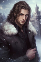 Portrait of a handsome fantasy man, handsome male face, winter, male prince, male dragon, fantasy style, man for book cover, digital art