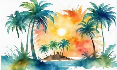 Craft a serene watercolor piece capturing a  view of abstract tropic paradise Incorporate vivid turquoise waves and the gentle island breeze Perfect for a travel brochure seeking a peaceful