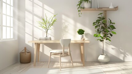 3D rendering of stylish workspace with minimalist desk and bright natural light