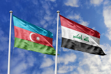 3d illustration. Azerbaijan and Iraq  Flag waving in sky. High detailed waving flag. 3D render. Waving in sky. Flags fluttered in the cloudy sky.