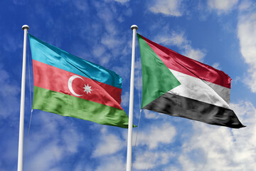 3d illustration. Azerbaijan and Sudan Flag waving in sky. High detailed waving flag. 3D render. Waving in sky. Flags fluttered in the cloudy sky.