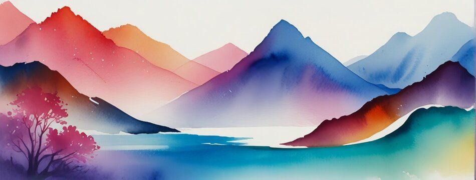 Soft pastel color watercolor abstract brush painting art of beautiful mountains, mountain peak minimalism landscape with golden lines, panorama banner illustration, white background