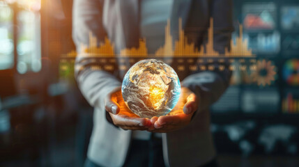 Fototapeta premium Close-up business woman hands holding shining earth globe symbolizing business innovation strategy and global world market sustainability with charts and graphs