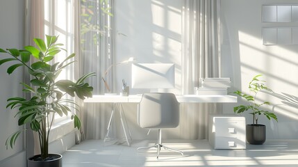 3D rendering of stylish workspace with minimalist desk and bright natural light