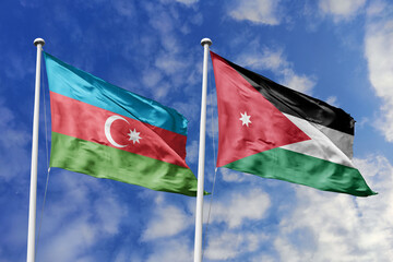 3d illustration. Azerbaijan and Jordan Flag waving in sky. High detailed waving flag. 3D render. Waving in sky. Flags fluttered in the cloudy sky.