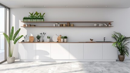 3d rendering white minimal kitchen with wood decoration