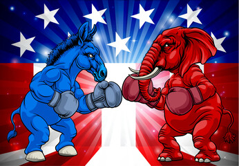 Republican and democrat elephant and donkey facing off American election party politics concept