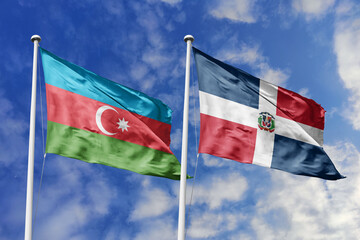 3d illustration. Azerbaijan and Dominican Republic Flag waving in sky. High detailed waving flag. 3D render. Waving in sky. Flags fluttered in the cloudy sky.