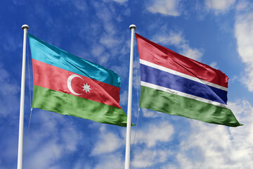 3d illustration. Azerbaijan and Gambia Flag waving in sky. High detailed waving flag. 3D render. Waving in sky. Flags fluttered in the cloudy sky.