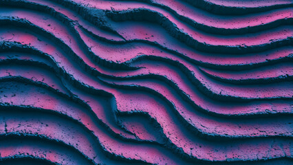 Powder paint neon blue and pink wavy grooves rough rock texture wall pattern.