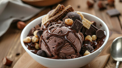 Several scoops of dark chocolate nougat ice cream with chocolate sauce, chocolate pieces, wafers...