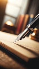 Vintage Fountain Pen Poised on Open Notebook With Bookshelf in Background