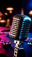 Vintage Microphone on Stand With Bokeh Lights in Music Studio at Night