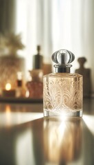 Elegant Perfume Bottle on Glass Table With Soft Backlighting and Warm Ambiance
