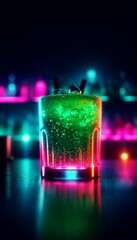Neon Glow of a Refreshing Cocktail at a Vibrant Nightclub Bar