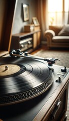 Vintage Turntable Playing Vinyl Record in a Cozy Living Room During Evening