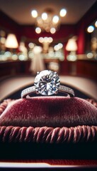 Elegant Diamond Engagement Ring Displayed on Plush Cushion in Upscale Jewelry Store