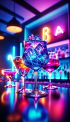 Vibrant Nightlife Scene With Illuminated Cocktail Glasses at a Trendy Bar