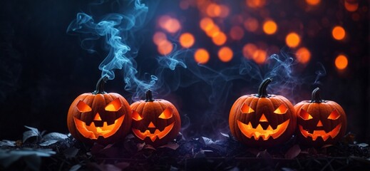 Halloween orange pumpkin in dark forest, scary house with dark background