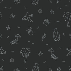 Seamless pattern beach holiday concept. Vector illustration of palm tree airplane cocktail hat, background wallpaper summer trip.