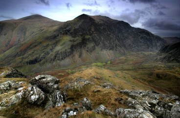 Moody and stormy Welsh mountain scene set in the snowdonia national park Wales.