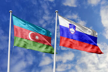 3d illustration. Azerbaijan and Slovenia Flag waving in sky. High detailed waving flag. 3D render. Waving in sky. Flags fluttered in the cloudy sky.