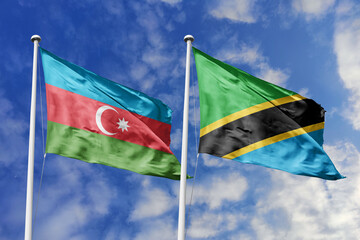 3d illustration. Azerbaijan and Tanzania Flag waving in sky. High detailed waving flag. 3D render....