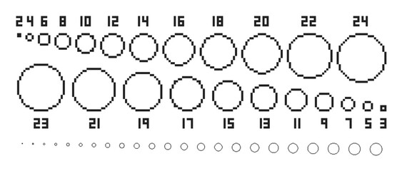Pixel circles. Pixel art base circle shapes in various radius, diameter size from 2 to 24 pixels. Round elements isolated vector set