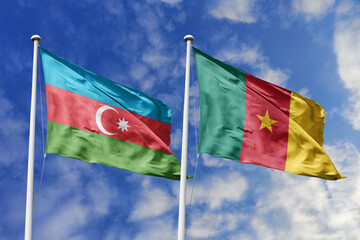 3d illustration. Azerbaijan and Cameroon Flag waving in sky. High detailed waving flag. 3D render. Waving in sky. Flags fluttered in the cloudy sky.