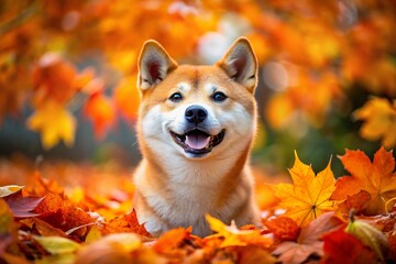 Portrait of a cute joyful Shiba Inu dog in autumn against the background of autumn leaves. A banner with a picture of a pet dog.
