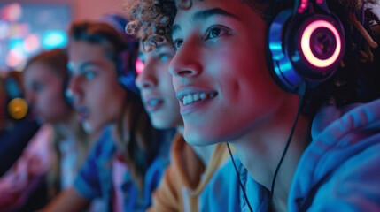 Excited teenagers competing in intense video game competition.