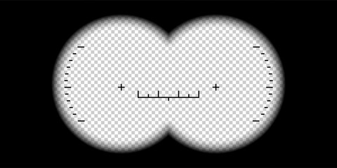 Binoculars viewfinder. Binocular POV frame with aim sight and measuring scale, watcher view look through the binoculars lenses. Realistic 3d vector template