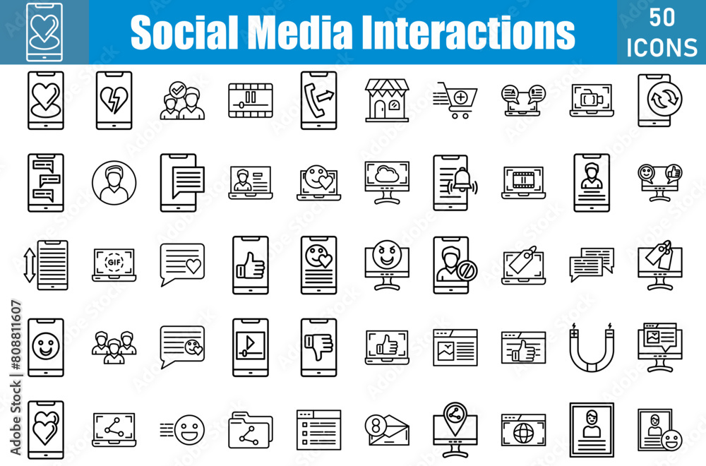 Wall mural Social Media Intersctions 50 web icons in line style