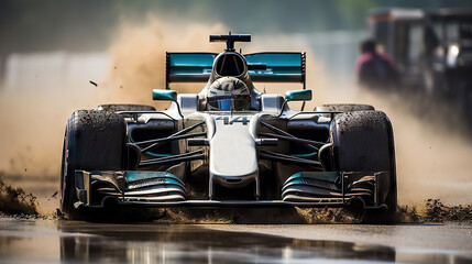 Obraz premium Dynamic Action Shot of a Formula One Car Racing on Track, Powerful Performance and Modern Aerodynamics Captured