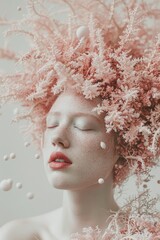 Surreal fashion photography of a person with pale skin and freckles wearing an elaborate pink coral wig made of spheres 